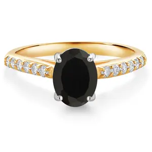 10K Yellow and White Gold Black Onyx and White Lab Grown Diamond Engagement Ring For Women (1.78 Cttw, Oval 8X6MM, Gemstone December Birthstone)
