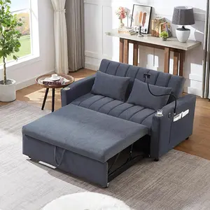 55.9" Convertible Sleeper Sofa Bed with 3 USB Ports,Side Pockets,Cup Holders and 360°Swivel Phone Holder,Loveseat w/Pull-Out Bed,Pillows, Adjustable Backrest,for Living Room（Blue Grey）