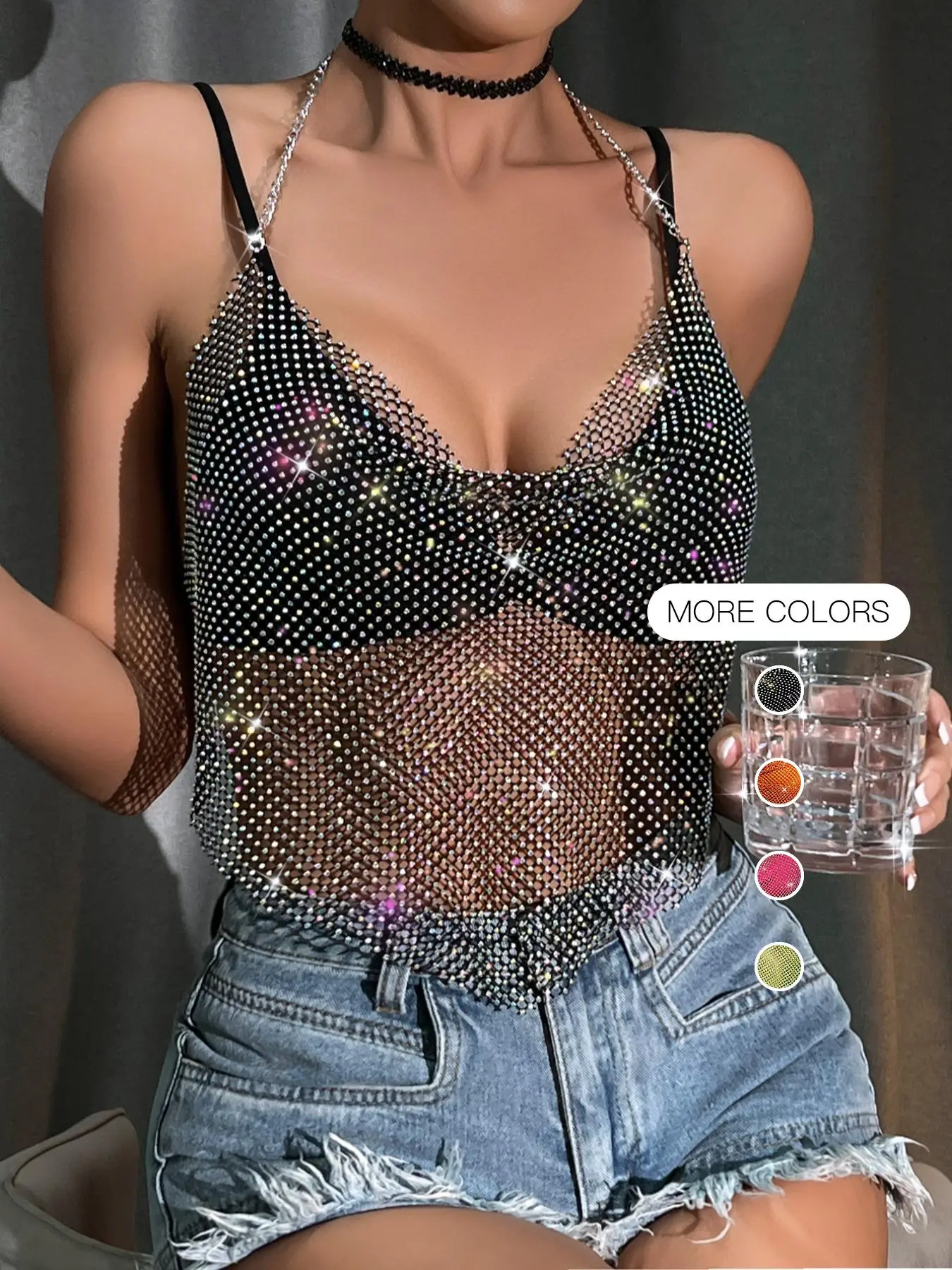 Women's Rhinestone Decor Chain Decor Backless Crop Halter Top, Street Fashion Draped Sheer Tie Back Halter Neck Top Fit for Daily Holiday Vacation Outdoor Wear, Ladies Clothes for Summer