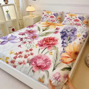 Watercolor Floral Print Fitted Sheet Set with Pillowcases, Floral Sheets, 3-Piece Soft Microfiber Bedding Set, Boho Botanical Flower Bed Cover with Deep Pocket & All-Round Elastic for Girls Bedroom