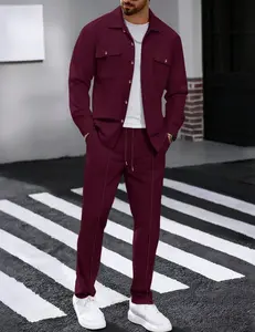 Autumn New Waffle Long Sleeved Pants Two-Piece Set Solid Color Double Pocket Button Up Cardigan Shirt Set for Men Suit Clothes