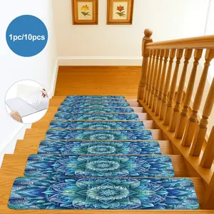 1pc/10pcs blue Bohemian pattern designed indoor stair safety non-slip mat, Stair Runner, reusable, rubber backing for low stair treads, self-adhesive without glue, can be cut to size, suitable for various scenarios such as wooden or hard surfaces