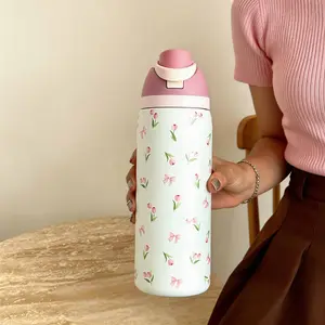 Tulip Bowknot Design Water Bottle, Stainless Steel Insulated Flask, 24oz/32oz/40oz Capacity, Sports, School, Travel, Gym, Gift, Insulated Travel Drinkware, Vacuum Insulated Tumbler, Thermal Tumbler, Insulated Vacuum Cup