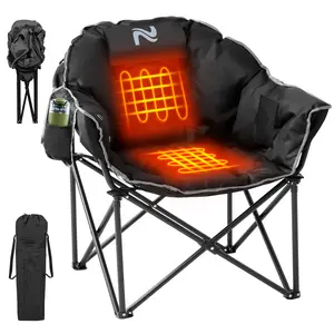 Naudacaa Oversized Heated Camping Chair, Padded Camp Chair with 3 Heat Levels, Portable Folding Heated Chair Round Moon Saucer Folding Lawn Chairs-Power Bank Not Included