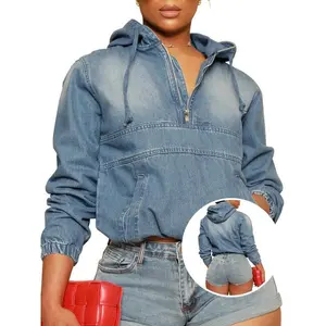 Women’s Half-Zip Denim Hoodie Pullover Jacket, Jean Top, Casual (Sizes S–3XL)