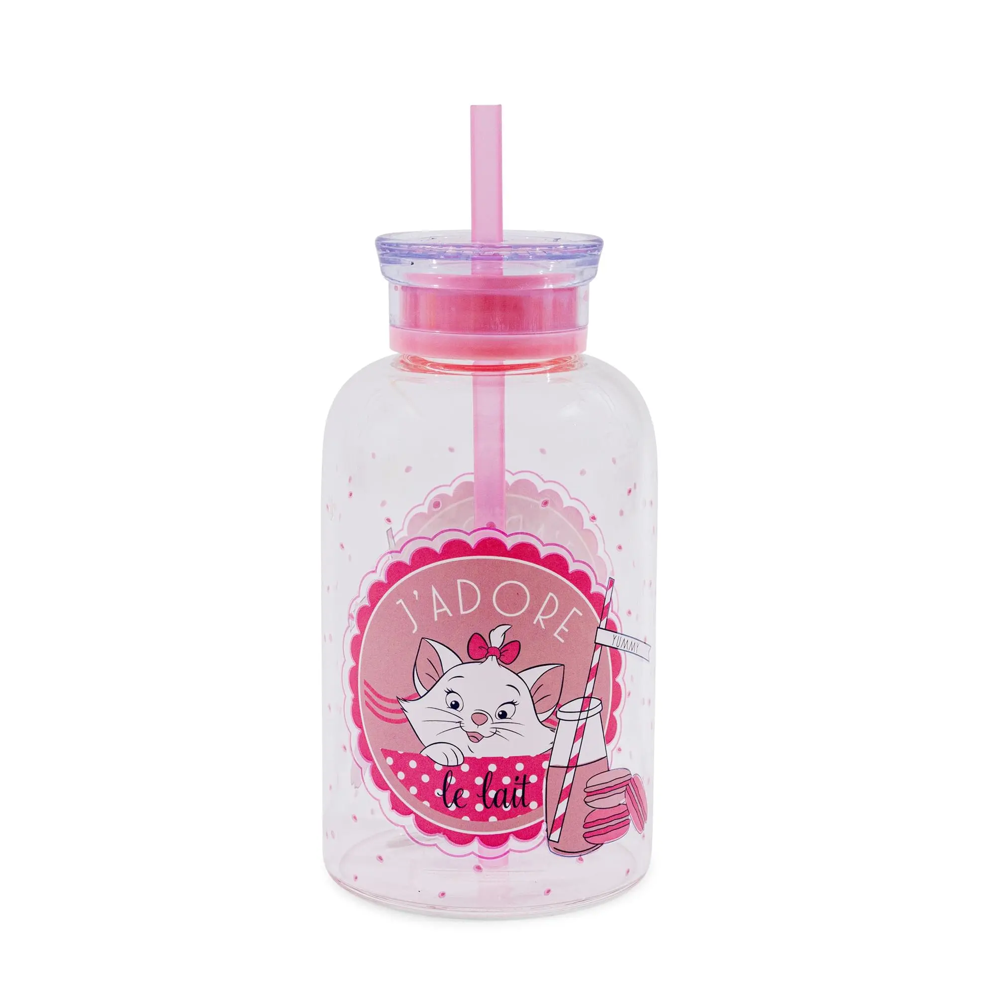 Disney The Aristocats Marie Translucent "J'adore Le Lait" Glass Milk Bottle with Straw, Collectible Drinkware, Bottled