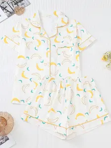 Banana print pajama set for women short-sleeved shirt with lapel top and loose shorts women's loungewear Q6RM