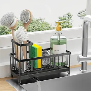 Cisily Black Sink Caddy Organizer – Rustproof 304 Stainless Steel Sponge & Brush Holder with Soap Dispenser Storage for Kitchen Sink Counter