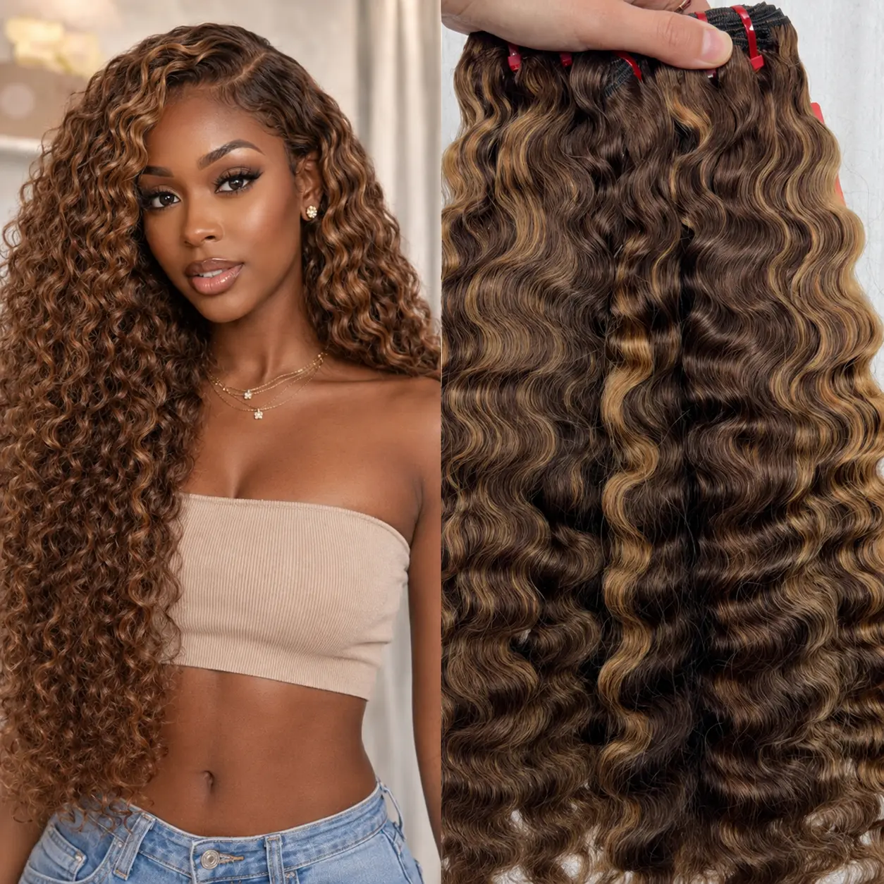 Burmese Curly Honey Blonde Highlight F4/27 100% Virgin Human Hair