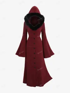 Rgothic Christmas Flare Sleeves Full Button Cable Knit Solid Fur Trim Hooded Longline Coat winter new slim fit long sleeve a-line midi dress long woolen coat button front shirt jacket winter dresses women