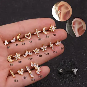 16G Gold CZ Internally Threaded Labret Set, 316L Stainless Steel Cartilage Stud Pack, Hypoallergenic Internally Threaded Nose Studs for Women Men