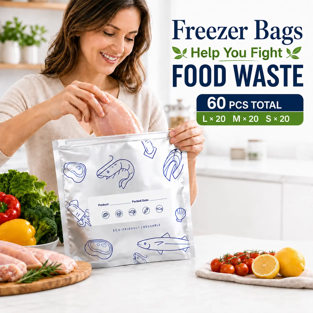 60 PCS 3 Size Reusable Preservation Bags, Airtight Vacuum Sealer Food Storage Bags, Leak Proof Freezer Safe, Stand Up Foil Sealable Pouches for Meal Prep, Pantry Organization, Travel Snacks