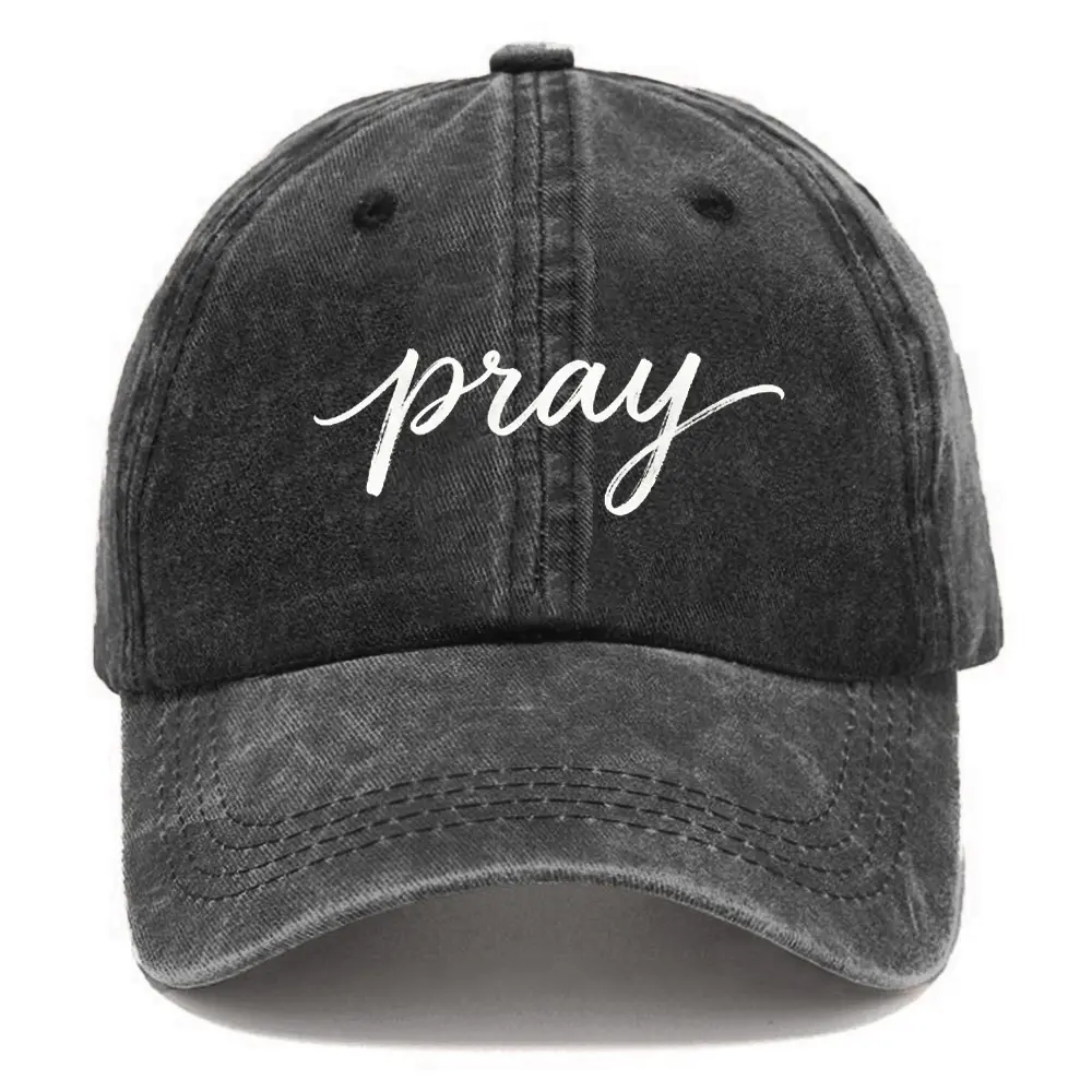 Retro 'Pray' Cursive Print Washed Black Cap, Christian Faith Aesthetic Adjustable Streetwear Hat, Casual Outfits Cap, Cool Christian Gift Black Hats, Adjustable Size, Breathable Denim, Everyday Use, Soft Cotton, 21.6 - 23.6"/55 - 60 Cm, Baseball Cap
