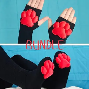 Black Thigh High Cat Paw Socks & Glove Set– Red Plush Paw Pads