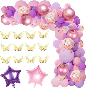 126 Pcs Butterfly Pink and Purple Balloon Garland Kit, Butterfly Theme Balloon Arch with Gold Butterfly Star Foil Balloons for Girls Women Birthday Baby Bridal Shower Wedding Party Decoration Pump Pearl