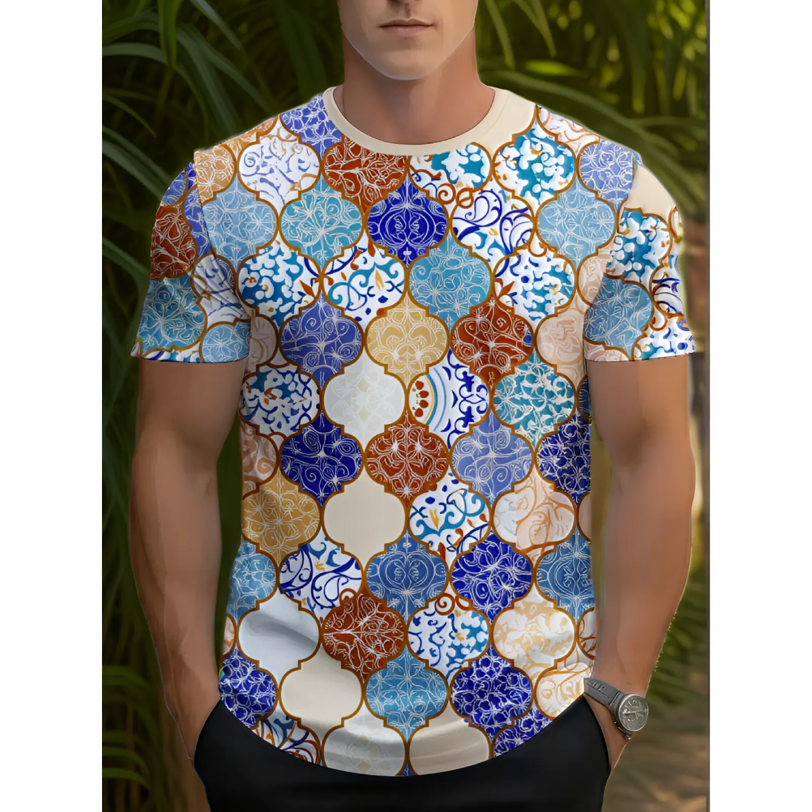 Men'S Vintage Ethnic Style Printed Short Sleeve T-Shirts, Summer New Loose Crew Neck Tops, Trendy Casual Breathable Base Shirts, Persian Pattern Color Block Design, Versatile Men'S Clothing for Daily Wear