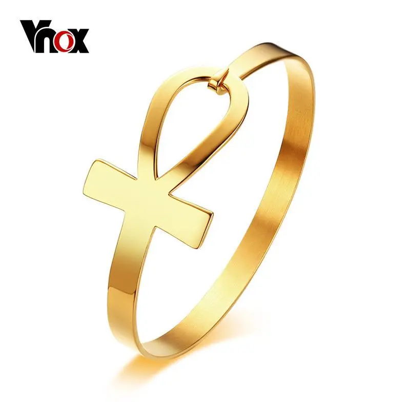 Vnox Ankh Cross Bracelet for Women Stainless Steel Key of Life Bangle Bracelet Female Egypt Religious Jewelry 2.3" Diameter