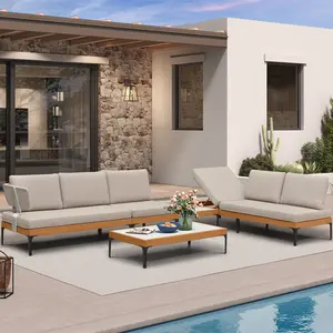 PURPLE LEAF Melben 5-Piece Modular Outdoor Sectional with Coffee Table Oatmeal Greige Cushions and Pillows Wicker L-Shaped Aluminum Convertible Daybed for Sunset Lounging