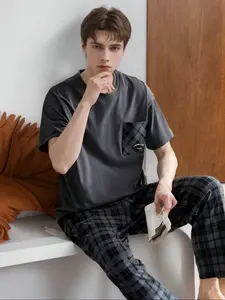 Men's Summer Pajama Set Short Sleeve Round Neck Casual Home Wear, Pure Color Simple Design Comfortable Sleepwear Loungewear for Men