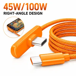 45W/100W Right Angle USB-C Cable PD Fast Charging USB-C to USB-C Cord for iPhone 15/16/17 Pro Max iPad MacBook 90 Degree Braided Gaming Charger Cable No Hand Blocking