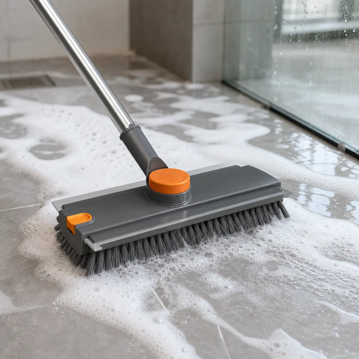 360° Rotating V-Shaped Floor Scrubber Brush with Sturdy Unflagged Stiff Bristles, Collapsible 28-52 in Stainless Steel Adjustable Handle, Silicone Squeegee for Bathroom Tile, Living Room Surface, Pavement Cleaning