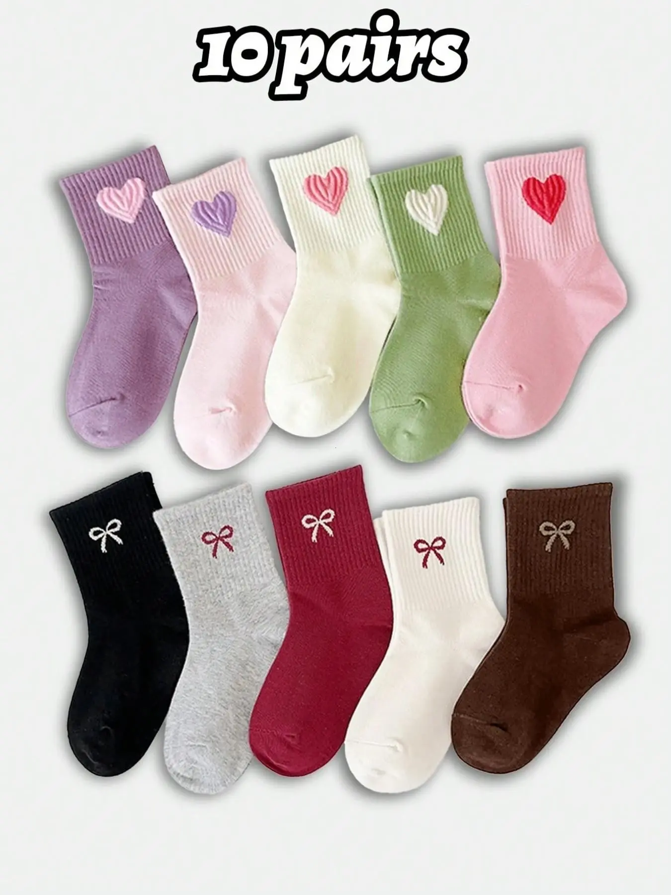 10 Pairs Girls' Heart/bow Pattern Socks, Dopamine Colorful, Comfortable Breathable Mid-Calf Socks, School Socks for Spring Summer Fall, Knitted Socks, Comfy Breathable Socks