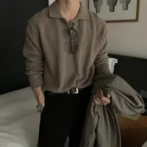 Men Korean Style Polo Neck Sweater Light Luxury Knitted Long Sleeve Pullover Casual Solid Color Streetwear Leisure Knitwear Menswear Tops