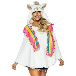 Women's Comfy Llama Poncho Costume, Fuzzy Animal Hoodie with Colorful Tassels for Halloween Parties