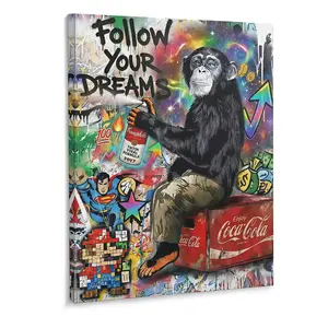 Graffiti Chimpanzee Pattern Canvas Wall Art Painting with Frame, Modern Artistic Artwork for Home Living Room Bedroom Office Decor, Ideal Gift tiktokshopspringglowup