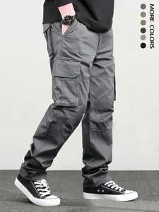 Men's Solid Flap Pocket Drawstring Waist Cargo Pants, Durable Multifunctional Pants, Loose Casual Relaxed Fit Street Straight Leg Trousers for Hiking Fishing Outdoor, Menswear for All Seasons, Fall Clothes, Baggy Cargo Pants