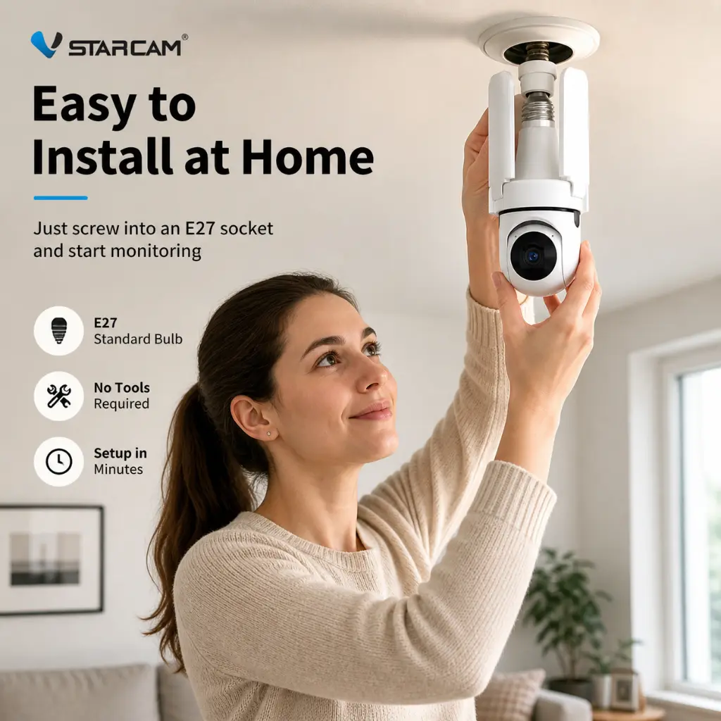 E27 Bulb Socket Security Camera, Wireless Indoor WiFi Camera with 355° Pan, 90° Tilt, Motion Detection, Auto Tracking, 2-Way Audio, Color Night Vision, Memory Card Slot, Cloud Storage, Remote Monitoring for Home Use