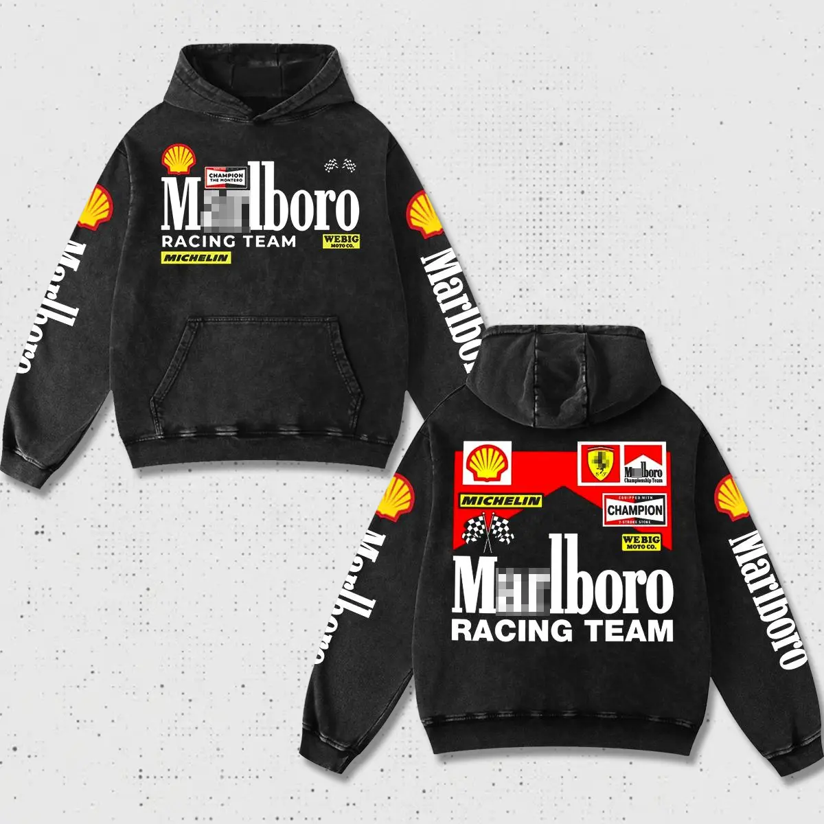 Retro Marlboro Racing Team Hoodie Black, Shell Michelin Champion Webig Sponsor Enthusiast, Vintage Washed Biker Graphic Sweatshirt, Retro Motorsport Car Apparel, Heavyweight Oversized Pullover, Men Women Unisex Loose Black Cotton Y2K Racing Jacket Style