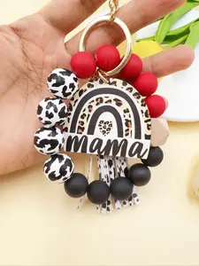 Leopard Print Mama Rainbow Beaded Wristlet Keychain, Handmade Matte Silicone Beads Key Ring with Natural Wooden Beads, Boho Leopard Charm Keychain Bracelet with Gold Plated Hardware, Fashion Accessory for Women Mom, Perfect Mother's Day Birthday Gift f
