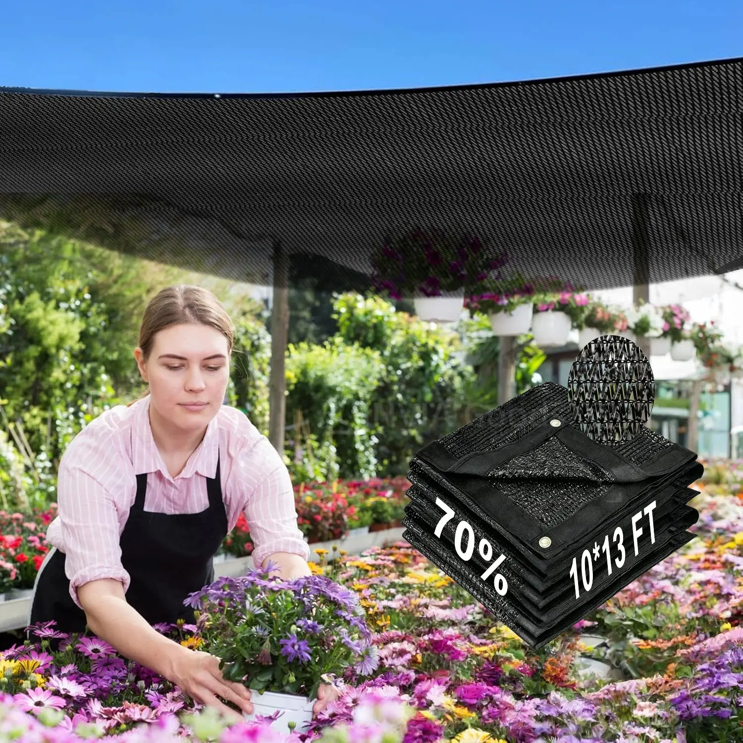 70% Sun Shade Net 10x13FT, Breathable PE Mesh Sun Shade Net with Reinforced Grommet, Durable Garden Shade Tarp Cover for Greenhouse, Pool, Plant Cover, Chicken Coop, Flower, Patio and Pergola, Black