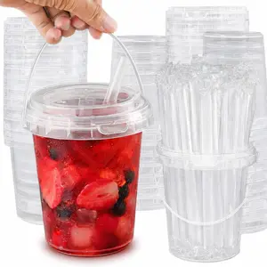 Set of 100 32oz Large Drink Buckets with Lid, Handle and Straw |  Beverage Bucket Fruit Bucket Boba Bucket