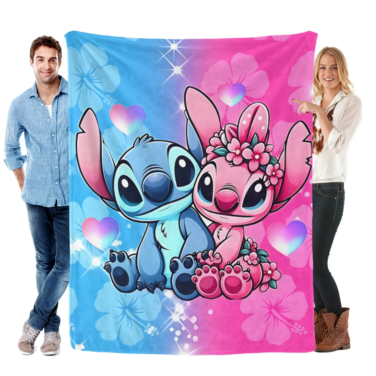Disney Stitch & Angel Flannel Blanket，Cute Soft Comfortable Blanket for Sofa, Bed, Office and Outdoors