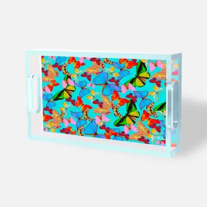 Echoes of Tiffany Blue Acrylic Tray - Vibrant Butterfly Design on Tiffany Blue Background - Available in Small & Large Sizes - Functional & Stylish Home Accessory