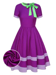 PURPLE 1950S SOLID SPLICED TIE NECK DRESS Womenswear Casual