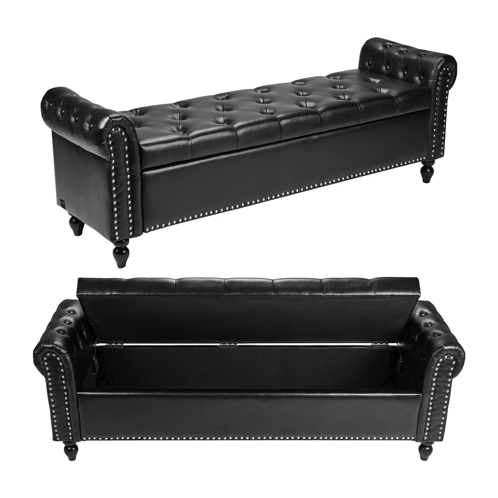 【SummerFinds】VEVOR Button-Tufted Storage Ottoman Bench, Rolled Arm PU Leather Bench with Solid Wood Legs, Modern Shoe Benches Seat for Entryway, Upholstered End of Bed Benches for Living Room, Dining Room, Black