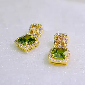Old Money Vintage 18K Gold Plated S925 Post Emerald Green and Champagne Cubic Zirconia Tiered Square Halo Drop Earrings Hypoallergenic Tarnishfree FaceSlimming Statement Jewelry for Gala
