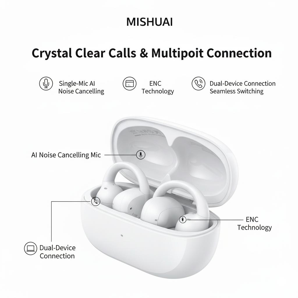 MISHUAI Open Ear Headphones Bluetooth 6.0, 5g Ultra-Light, 40H Battery, IPX6 Waterproof, 720° Surround Sound for Workout & Gaming, Clip-On Design, Zero Ear Fatigue ENC Headset Assistant Voice Smart with