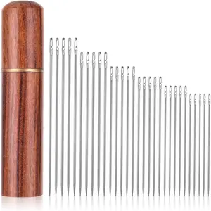 30 Pieces Self Threading Sewing Needles with Wooden Needle Box 6 Sizes Side Hanging Embroidery Needles for Hand Sewing Big Eye Sewing Needles for DIY Sewing Mending Patches Yarn Embroidery