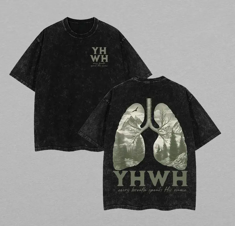 Men's YHWH Bold Faith Graphic Oversized Drop-Shoulder Short-Sleeve T-Shirt - Casual Festive Tops, Vintage Distressed Christian Playful Streetwear, Gym Pump Cover Activewear, Washed Vintage Look, Clothes