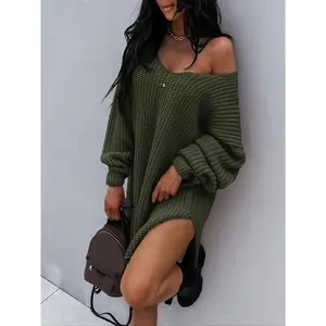 Women's Cozy Off Shoulder V Neck Sweater Dress High Stretch Acrylic Knit Chic Lantern Sleeve Asymmetrical Hem Solid Color Fall Winter Casual Soft Warm Fabric Suitable for Daily Wear Coffee Dates Weekend Outings.......