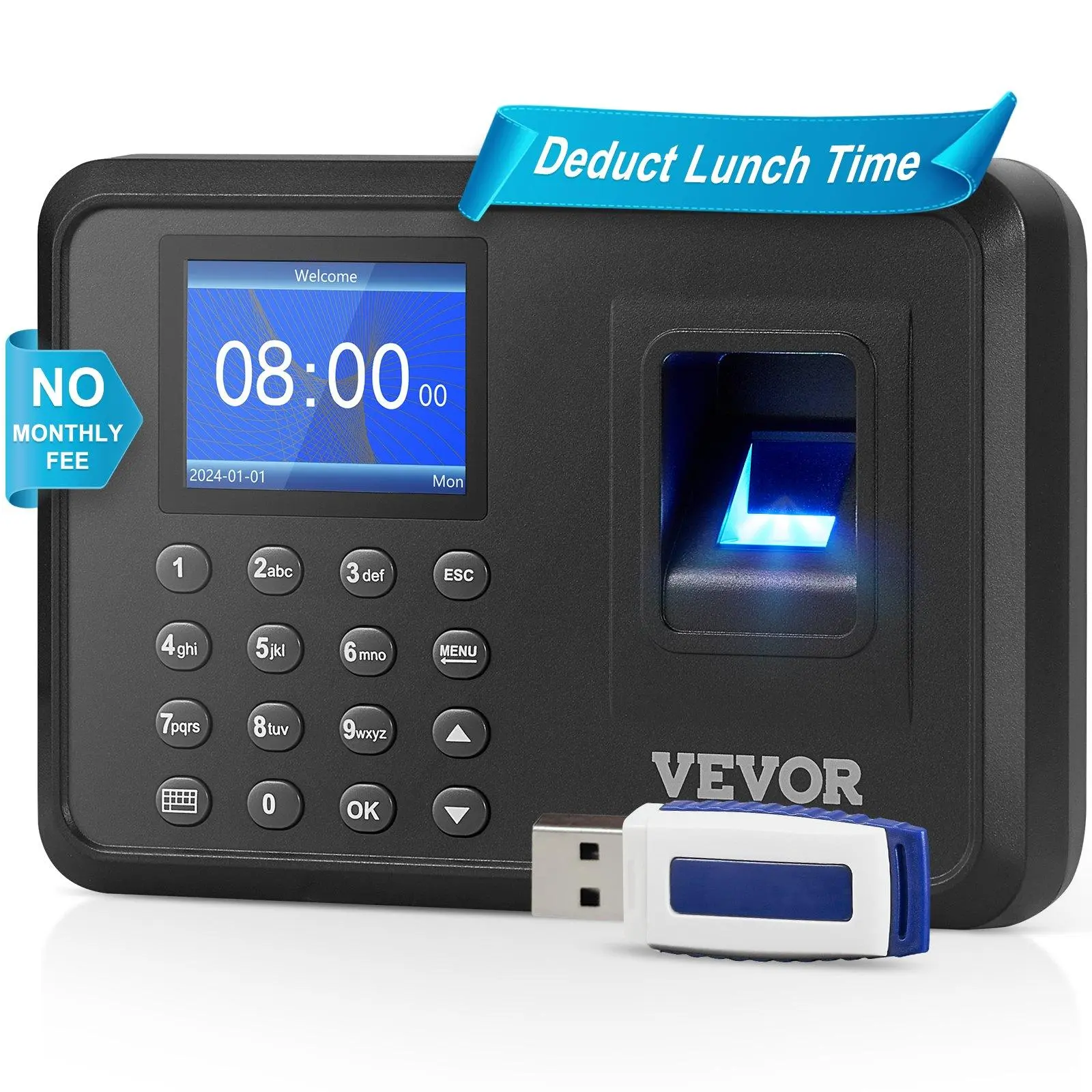 VEVOR Biometric Fingerprint Employee Attendance Time Clock, 2.4-Inch HD Screen, 100000 Records Capacity, USB Flash Drive Compatible, Meets Corporate Attendance Needs, Generates Instant Reports, No Monthly Fee (Tools & Hardware Hand Tool Accessory)