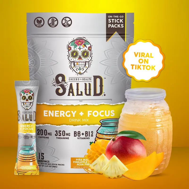 Salud 2-in-1 Energy Drink Powder + Focus  – Piña Mango Flavor – Agua Fresca Mix with 200mg Organic Caffeine, 350mg L-Theanine, Vitamins B6 & B12, Non-GMO, Gluten Free, 15 Servings - Dietary, Healthcare