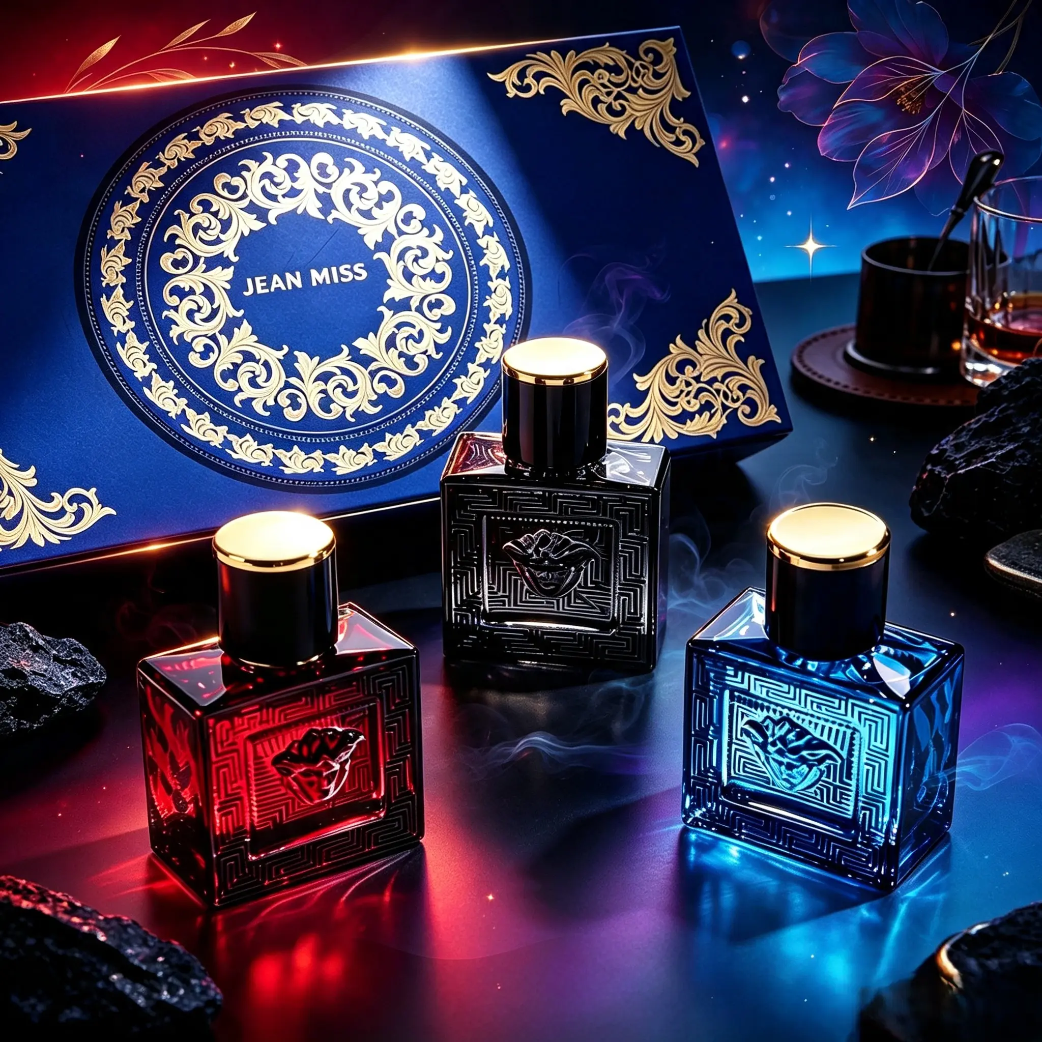 Jean Miss Luxury Perfume Set - 3*30ml,Ocean Breeze,Cedarwood & Amber Eau De Toilette, Black, & Blue & Red Bottles with Gold Accents for Men & Women  Long lasting perfumes Set Packaging Multiple Scents great holiday gift outdoor fun