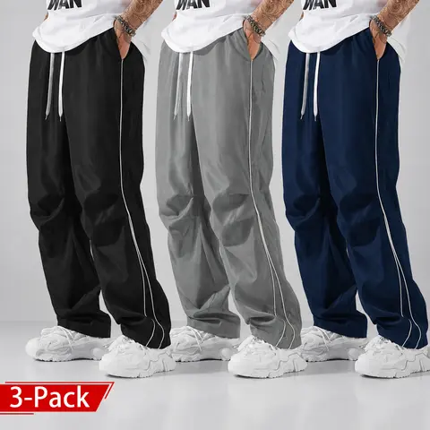 Men's 2-3 Pack Casual Long Pants - H-Type Menswear Bottoms with Loose Fit, Drawstring Elastic Waistband, Pant Leg Knot Straps, Korean Retro Vintage Preppy Style, Versatile for Outdoor Street Wear, Year-Round Use, Sohochic