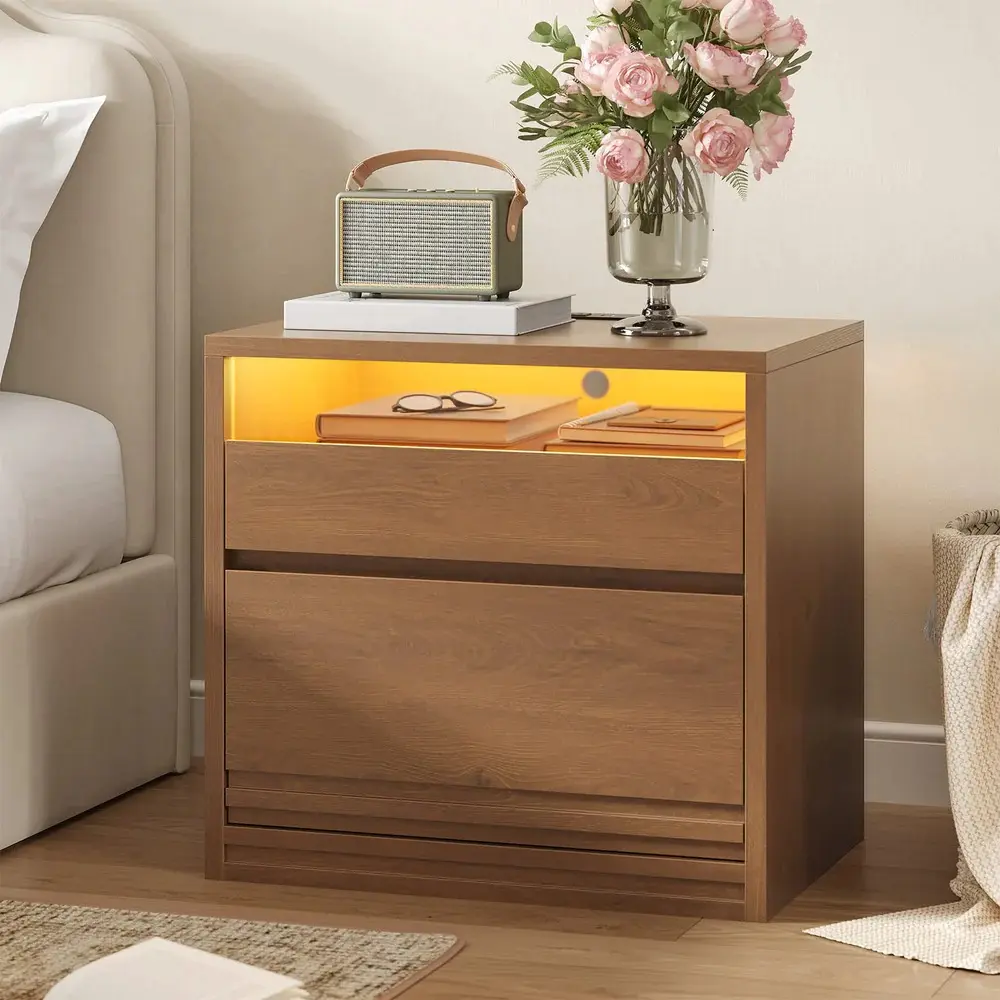 SIKAIC Glass Nightstand with 3-Color LED Lights & Charging Station, Walnut Bedside Table with Dual Drawers and USB-C Ports