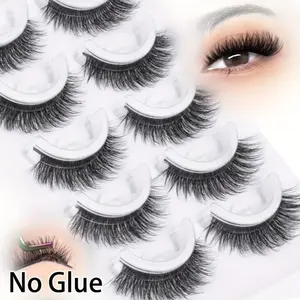 Self-Stick False Eyelashes No Glue Needed, Reusable Cat Eye Lashes with Adhesive Strips, Natural Look for Beginners, 6-15mm Length
